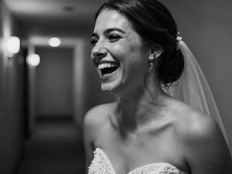 Candid close-up of a bride laughing in a dimly lit hallway, motion blur, black and white, cinematic flash lighting, high-contrast.