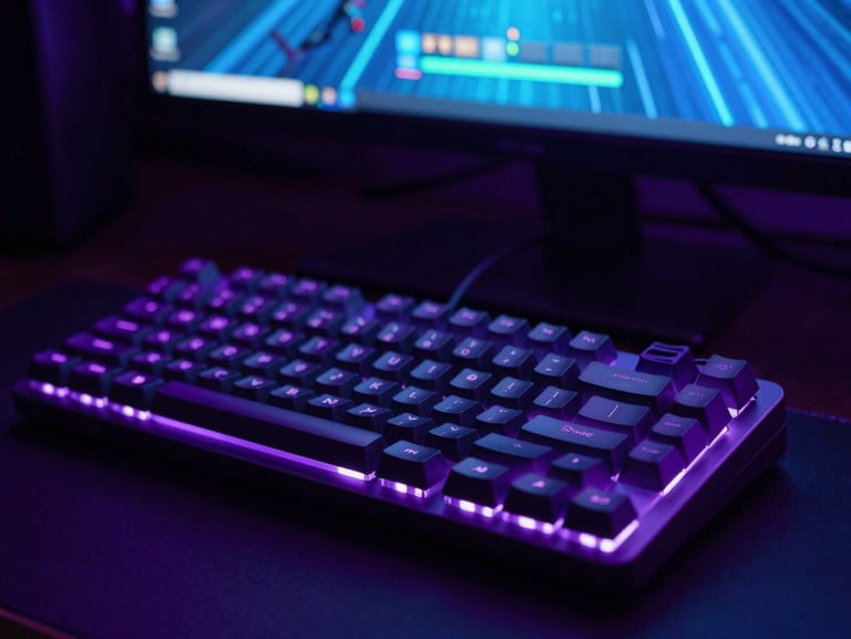 Sleek dark-mode gaming setup with a glowing mechanical keyboard, purple ambient lighting, and high-fps gameplay on screen