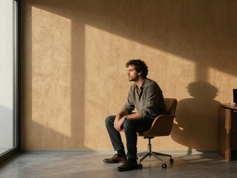 Fernando Perales en un despacho de diseño minimalista y cálido, sentado de forma reflexiva junto a un ventanal con sombras arquitectónicas suaves proyectadas sobre una pared de tono arena, texturas de lino natural visibles.
