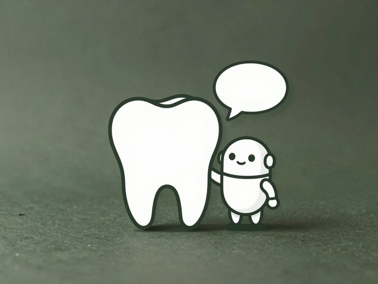 Stylized SVG illustration of a clean white tooth glyph beside a friendly robotic avatar with a speech bubble, set against a dark olive green background, centered composition with generous padding, minimal line art style, no text