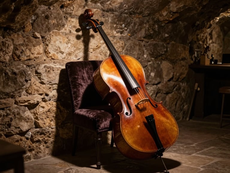 Atmospheric shot of an intimate, dimly lit stone cellar concert, a vintage cello resting against a velvet chair, soft warm spotlighting, deep shadows.