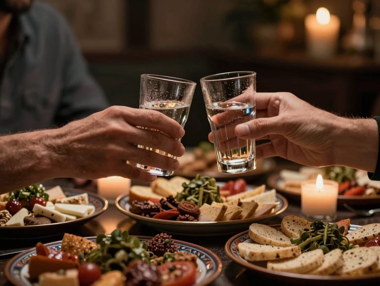 Cinematic close-up of hands clinking traditional rakı glasses over a dark table filled with artisanal meze plates, warm candlelit glow, condensation on the glasses, moody low-key lighting.