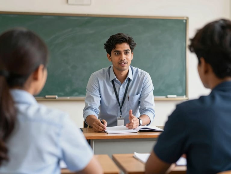 An active mock interview session in a bright Kolkata classroom, a professional trainer providing real-time verbal feedback to a candidate, clean daylight framing.