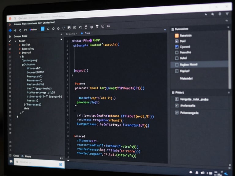 Crisp screenshot of clean PHP and React code in a dark editor, high contrast, cool studio light, orthogonal framing.
