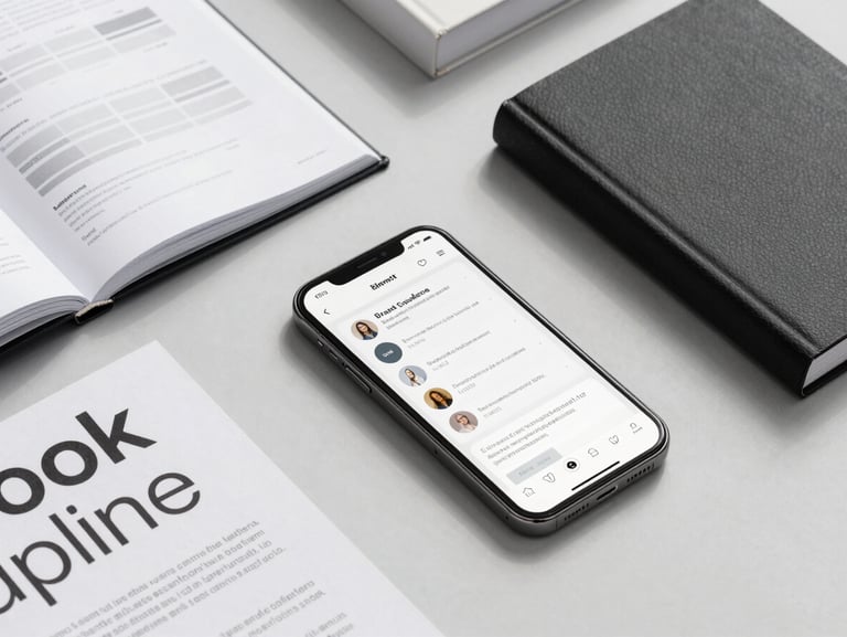 Flat-lay presentation of brand guidelines, typography scale books, and mobile screen mockups on a light grey background with sharp shadows.