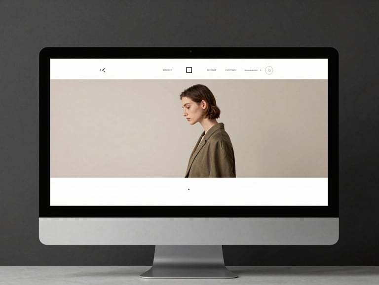Straight-on mockup of a minimalist editorial website on a desktop screen, high contrast charcoal and warm white layout, sharp studio lighting.