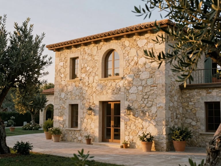 Soft architectural details of an elegant rustic stone villa surrounded by olive trees, golden hour light, warm tones, 35mm film.