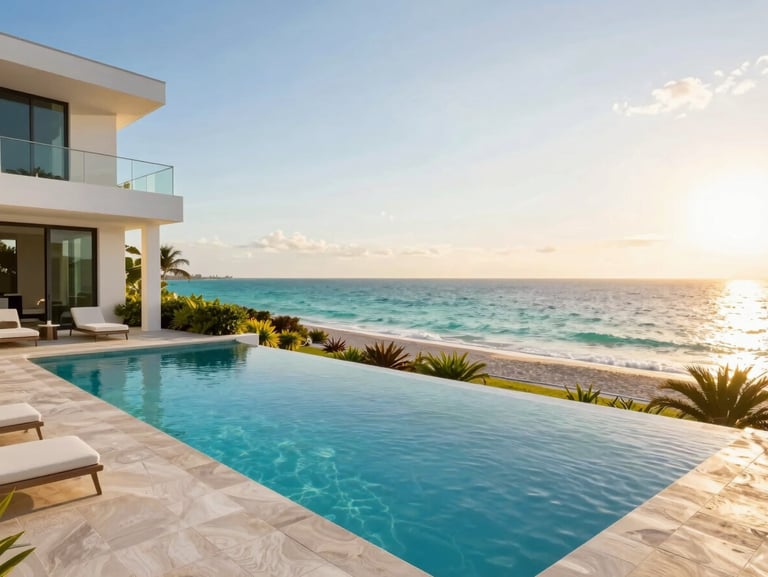 Sun-drenched pool deck of a modern luxury villa overlooking the turquoise ocean in Miami, golden-hour light