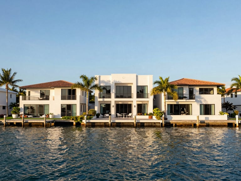 Straight-on architectural shot of a modern waterfront residence with deep-water docks in Palm Beach, bright daylight