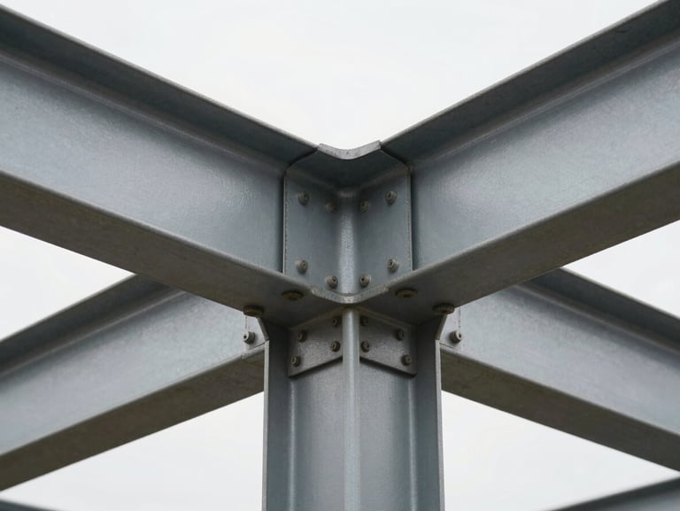 Macro close-up of a timber-steel structural junction, clean engineering details, natural overcast daylight