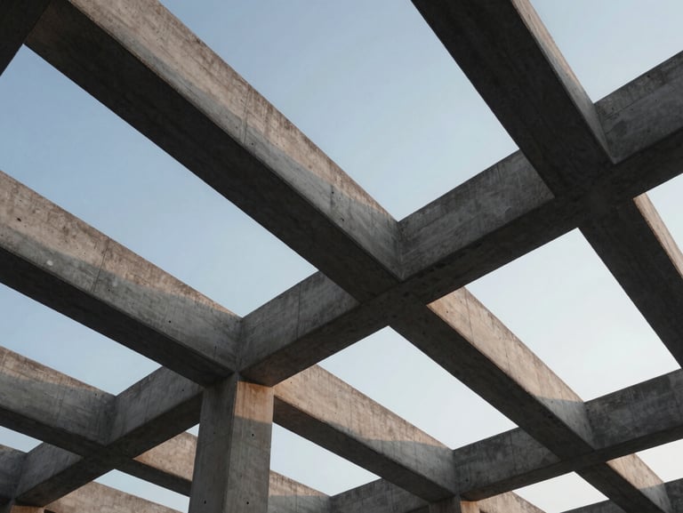 Low-angle shot looking up at a modern concrete-alternative structural framework, cool morning light
