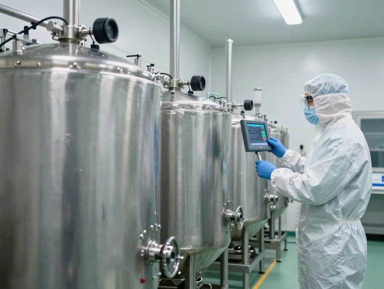A line of high-tech stainless steel mixing vats inside a sterile, brightly lit clean-room, with a technician in protective gear monitoring digital displays.