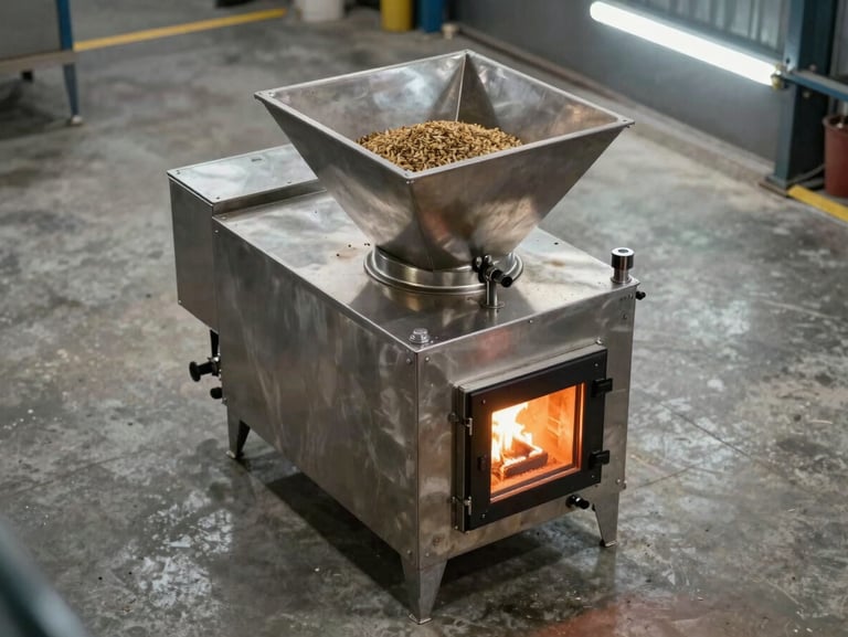 Overhead process shot of a commercial biomass stove unit on a concrete floor in a food-processing facility, steel body with a pellet hopper visible at the top, warm combustion glow at the fire door, industrial fluorescent ceiling light, honest documentary framing