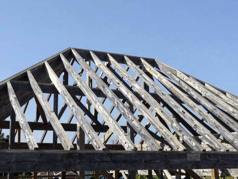 Wide-angle view of a newly completed structural timber roof frame, perfectly aligned rafters, bright natural daylight, crisp focus