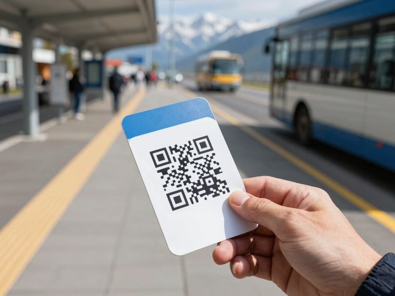 Close-up of a hand holding a mobile boarding pass with a QR code, clean bus platform in the background, sharp daylight