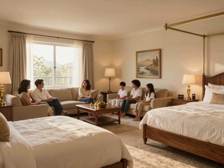 Expansive family suite with multiple beds, warm-lit living area, elegant Indian brass details, and space for multi-generational comfort