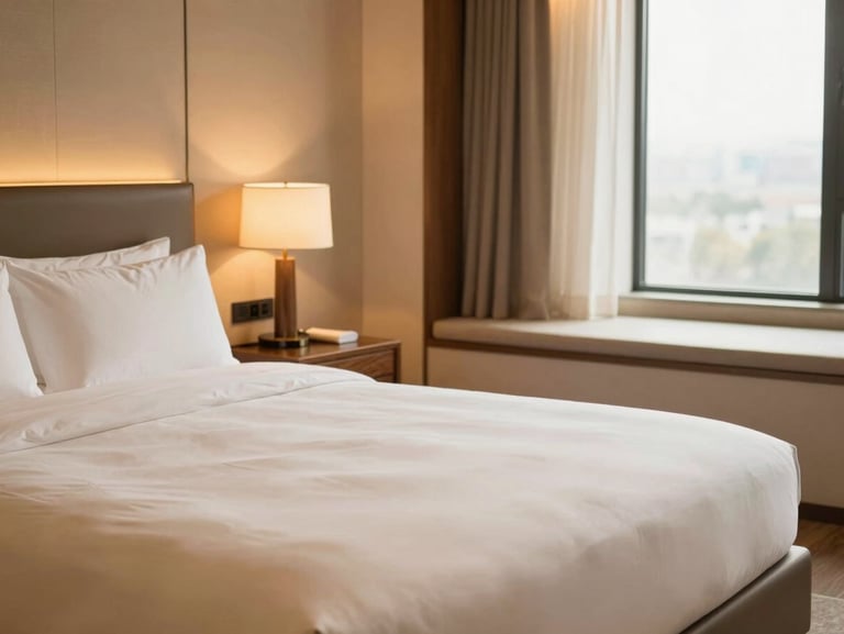 Elegant deluxe hotel room with a plush king bed, soft warm lighting, ivory linens, walnut brown furniture, and a private window nook
