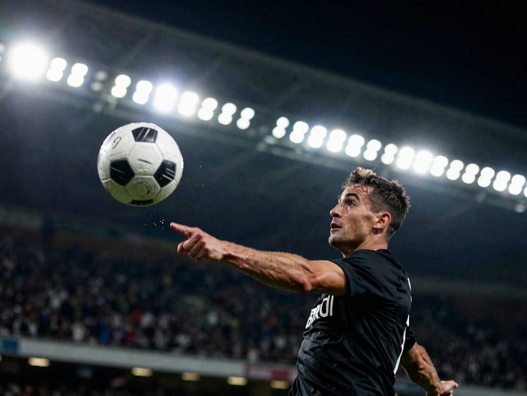 Tight crop of a football player striking a ball in mid-air, dramatic stadium lighting, dark background, intense motion blur, 35mm.