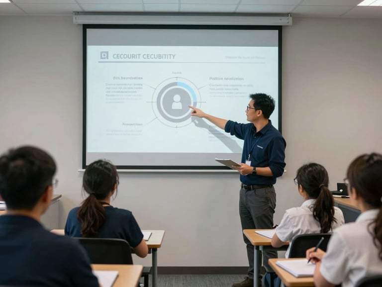 An instructor pointing to a projector screen displaying a clean cybersecurity diagram in a community center, local families taking notes, warm realistic indoor lighting, documentary community photography.