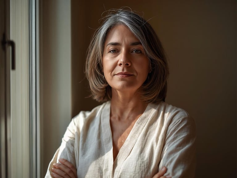 Confident woman over 50 in natural light representing midlife boundaries and self-respect.