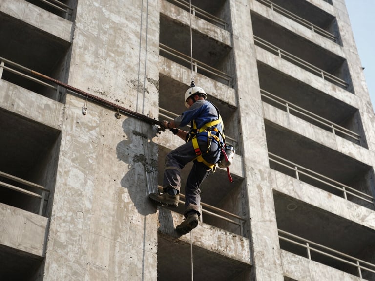 Worker in full safety harness executing facade concrete injection on a high-rise building, sharp daylight.