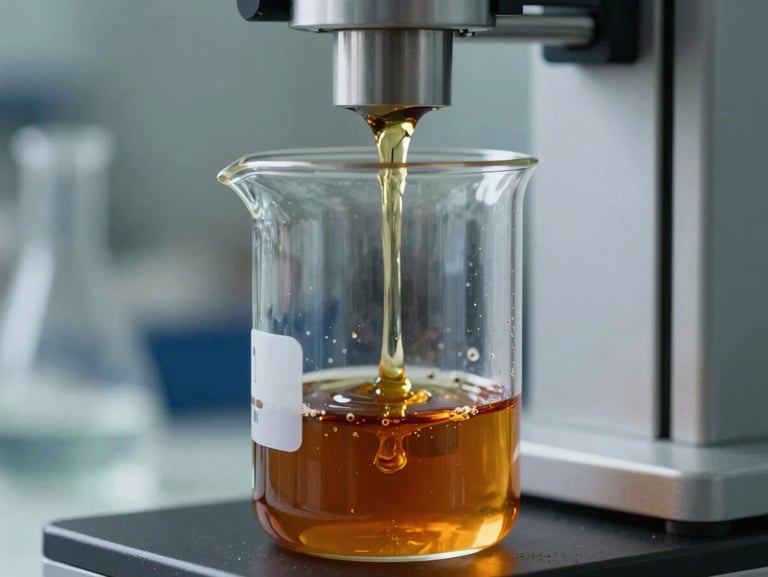 Macro close-up of a viscous amber oilwell chemical compound in a clean glass laboratory beaker, automated analysis machinery blurred in the background, cool lighting.