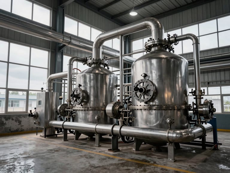 Wide shot of a modern stainless steel food oil refining facility, automated pipelines, dramatic overcast daylight filtering through high windows.
