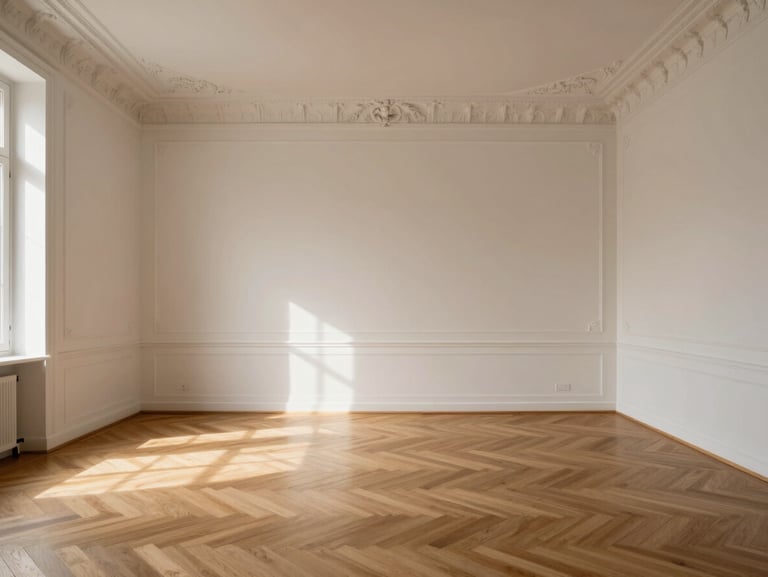 Immaculate, empty Parisian apartment interior flooded with soft morning light, chevron parquet flooring, high ceilings with ornate plaster moldings, minimalist framing.