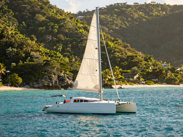 A single catamaran anchored in a quiet turquoise cove in the British Virgin Islands, surrounded by lush green hills, bright natural seaside sun.