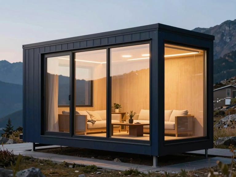 Minimalist tiny house in a mountain landscape, large black-framed windows, evening cozy interior light glowing, 35mm