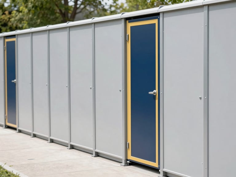 Modern sanitary modular units lined up in a clean recreational park, gray metal paneling, architectural detail, 35mm