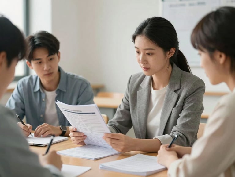 A local teacher in a bright classroom reviewing a printed curriculum guide with colleagues, natural lighting, focused environment.