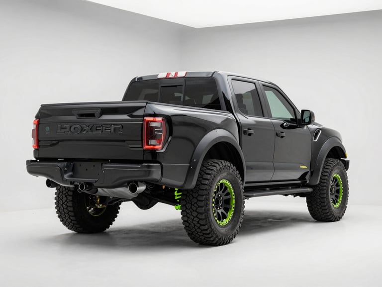 Glossy modern customized Raptor truck parked under bright studio lights, showcasing neon green suspension accents and off-road tires.