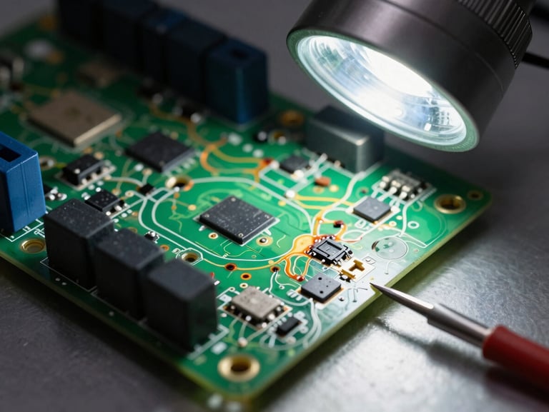Close-up overhead shot of an industrial temperature control PCB under magnification lamp, damaged relay and burned traces highlighted by a focused work-lamp beam, soldering iron tip visible at the edge of the frame