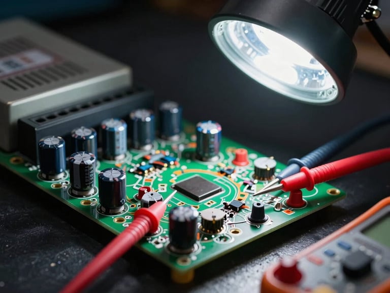 Extreme close-up of a failed industrial switching power supply board on a workbench, burnt capacitors and damaged traces visible under harsh work-lamp light, multimeter probes resting on test points, dark background