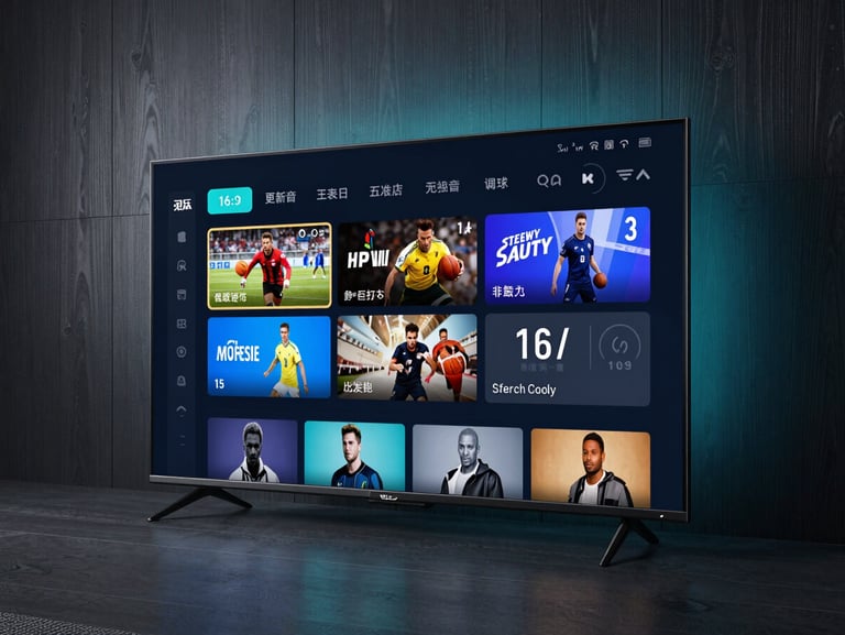 Sleek modern smart TV interface displaying a clean dark-themed channel guide with sports and movie categories, soft cyan ambient light reflecting on a dark wooden wall, wide 16:9 cinematic shot.
