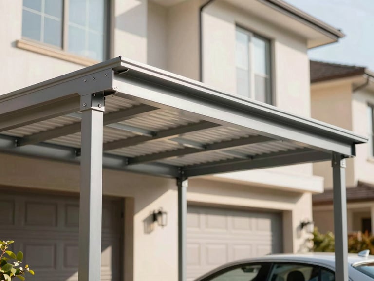 Clean architectural photography of a modern outdoor steel canopy installation over a residential carport, bright natural daylight, sharp focus