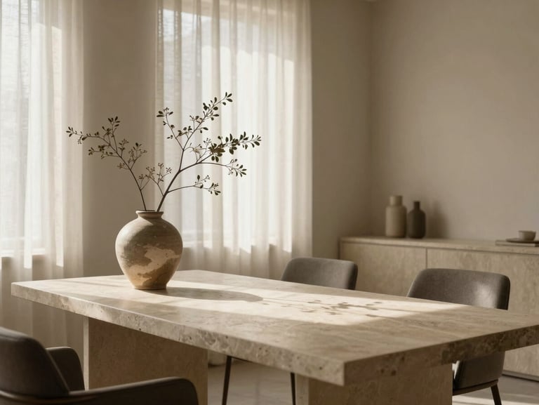 A quiet, luxurious consultation room with minimalist stone surfaces, a single branch in a ceramic vase, soft morning light filtering through linen curtains, warm and professional atmosphere.