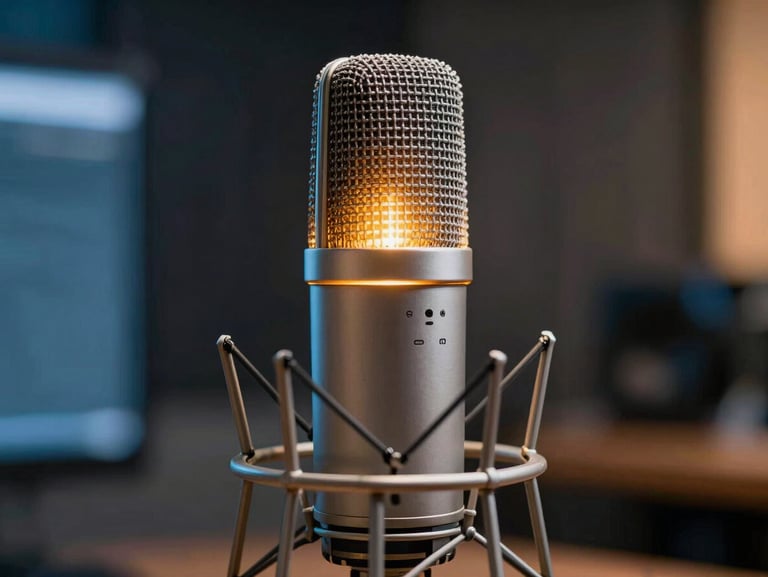 Professional radio studio microphone, warm amber live indicator light glowing in the background, close-up, 16:9 aspect