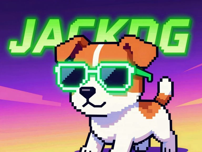 Vibrant retro-arcade digital illustration of a pixel art Jack Russell wearing neon sunglasses with bold green text overlay.