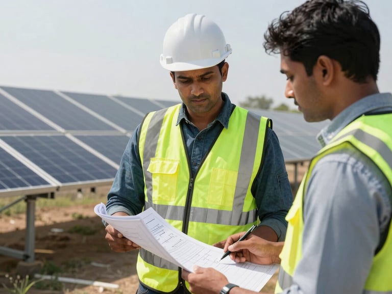 A professional solar engineer in high-visibility gear reviewing technical blueprints with an investor on-site at a commercial solar installation, bright Indian daylight.
