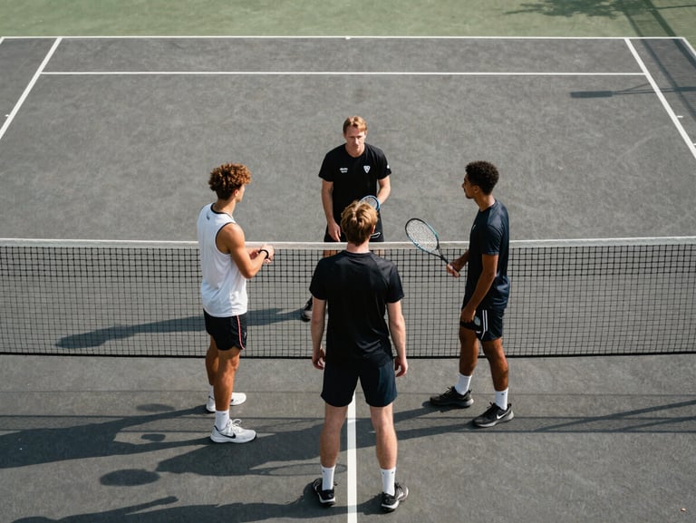 Wide court-level shot of three players receiving tactical instruction from a coach at the net, natural daylight from above, court surface and players in sharp focus, coaching moment not posed