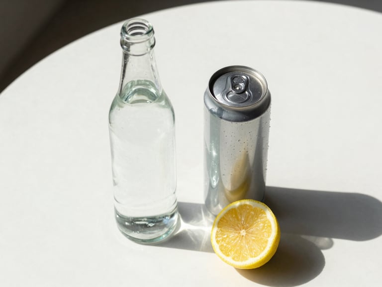 Overhead shot of a glass bottle of still water and a can of sparkling water beside a sliced lemon on a white ceramic surface, clean natural daylight, minimal composition