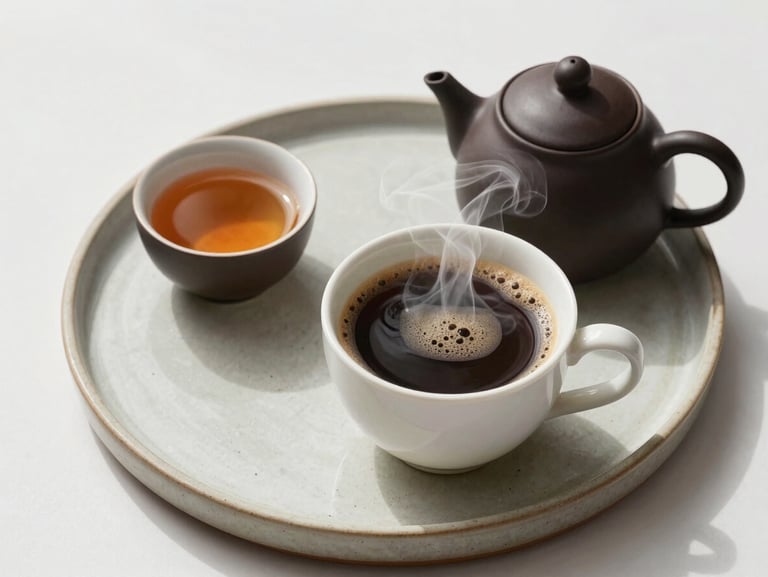 Overhead shot of a steaming cup of hot coffee beside a small teapot and a tea cup on a ceramic tray, natural morning daylight, clean white surface