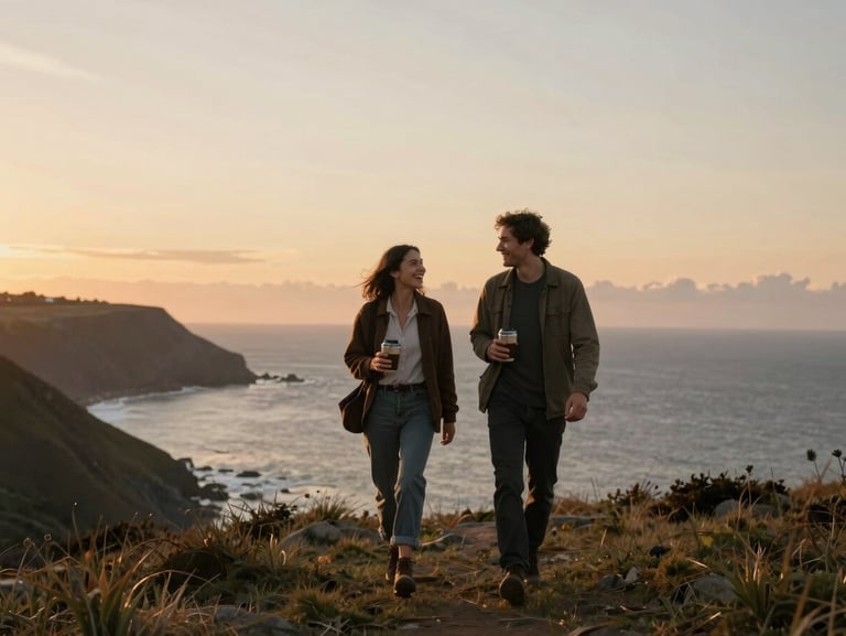 Cinematic wide shot of a couple walking along a windy coastal bluff at sunset, holding a thermos of coffee, laughing naturally