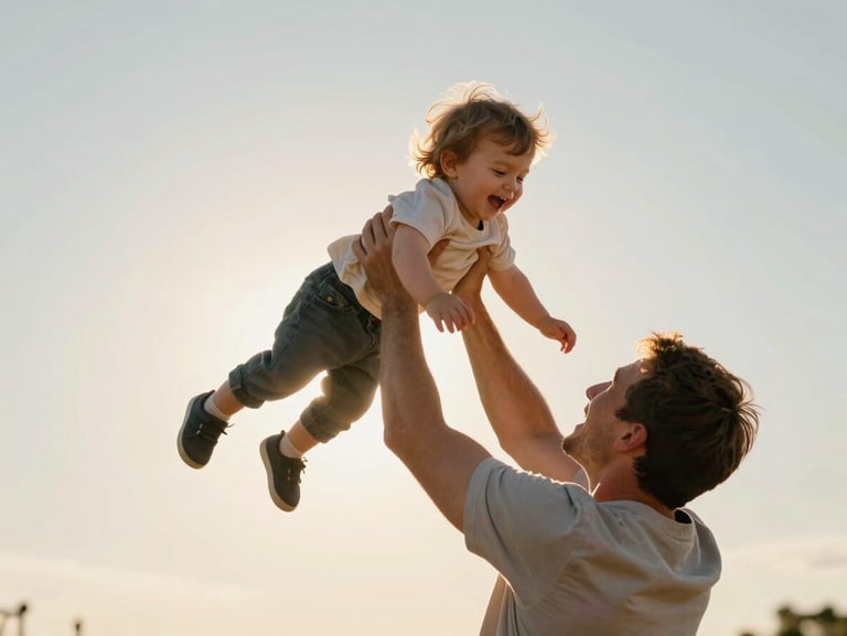 A father throwing his toddler in the air, backlit by warm golden hour low-angle sun, natural lens flare, authentic joy