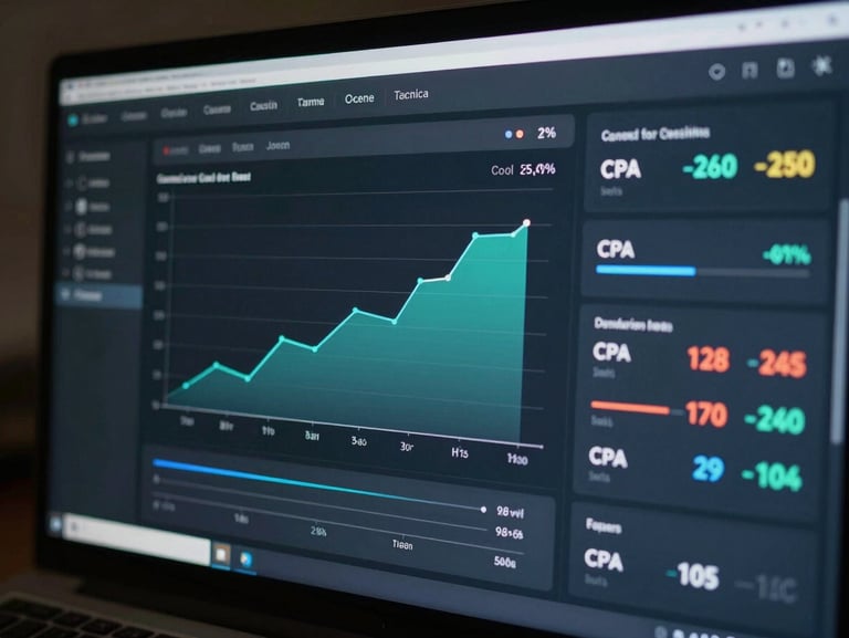 Cool-toned close-up of a digital advertising performance dashboard showing sales growth graphs, conversion rate percentages, and CPA metrics on a dark high-contrast monitor screen.