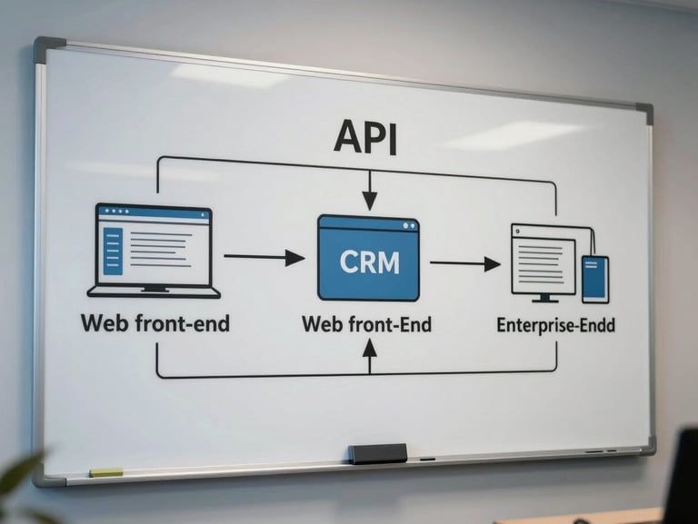 A clean architectural system diagram on a whiteboard, illustrating the direct API connection between a web front-end and an enterprise CRM database, cool office lighting.