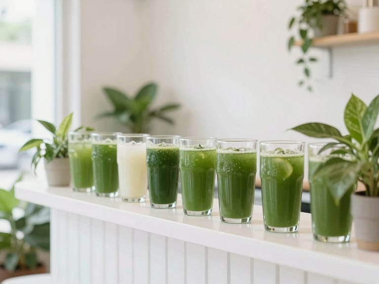 Bright clean interior of a boutique juice bar in Dharmawangsa, leafy green plants, soft natural light, minimalist design