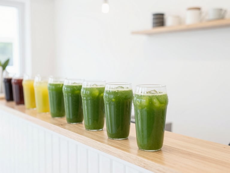 Bright airy interior of a modern minimalist juice bar in Sudirman, clean white walls, wooden counters, high-key daylight